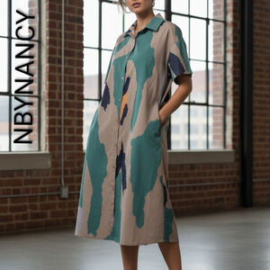 Women's NBYNANCY Midi Dress L Beige Green Abstract Shirt button down resort wear